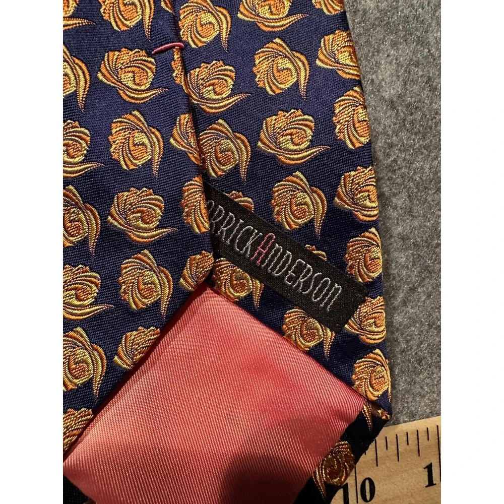 Garrick Anderson Mens Silk Tie Navy Blue Gold Floral Medallion Made in England